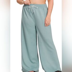 (Plus) Women's Scuba Drawstring  Wide-Leg Pants. Blue Gray